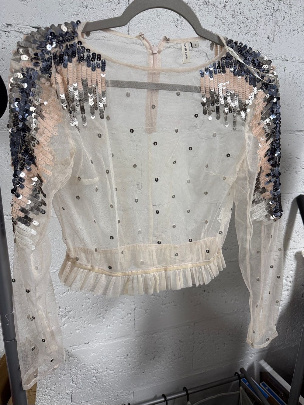 Sheer Polka Sequin Shoulder Crop Top - Cream RIVER ISLAND Size Small NWOT
